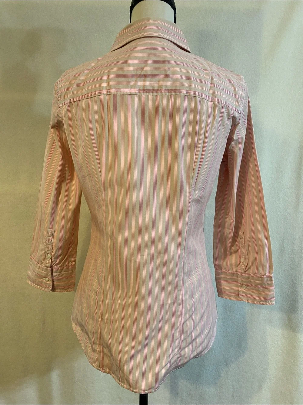 J. Crew 3/4 sleeve pink brown white striped cotton button down shirt